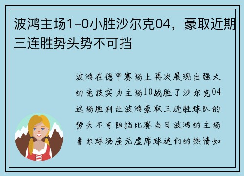 波鸿主场1-0小胜沙尔克04，豪取近期三连胜势头势不可挡